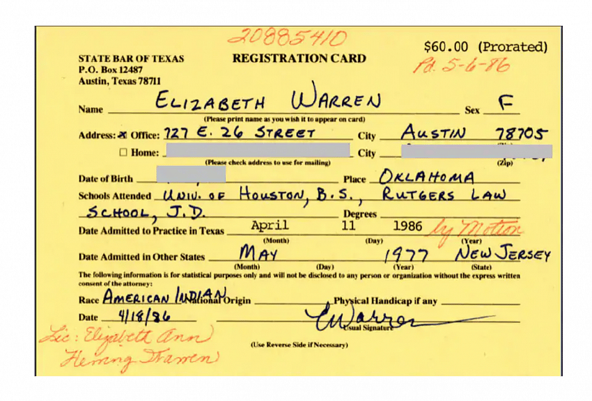 Elizabeth Warren Claimed To Be ‘American Indian’ in 1986